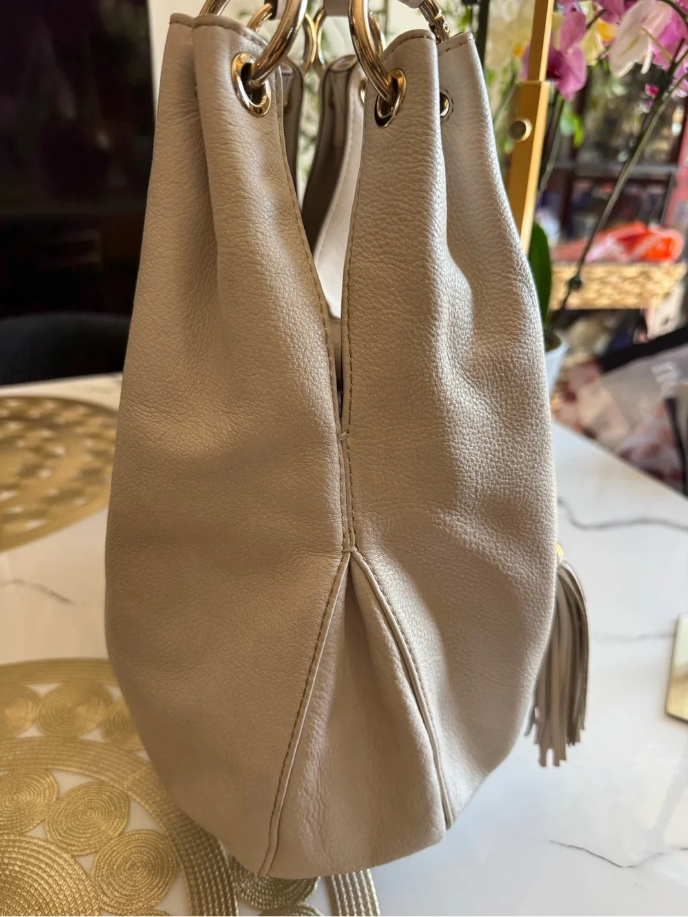 Michael Kors Beige Pebbled Leather Hobo with Tassel